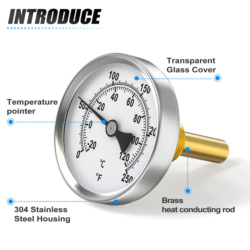 MEANLIN MEASURE 1/2" NPT Bimetal Thermometer for hot Water, boilers, and Pipes，2-1/2" Dial, 2-1/4" Lead-Free Brass Stem，Temperature Range 0-250°F/-20-120°C,Center Back Mount (Pack of 2 2.5Dial/0-250°F(2PCS)