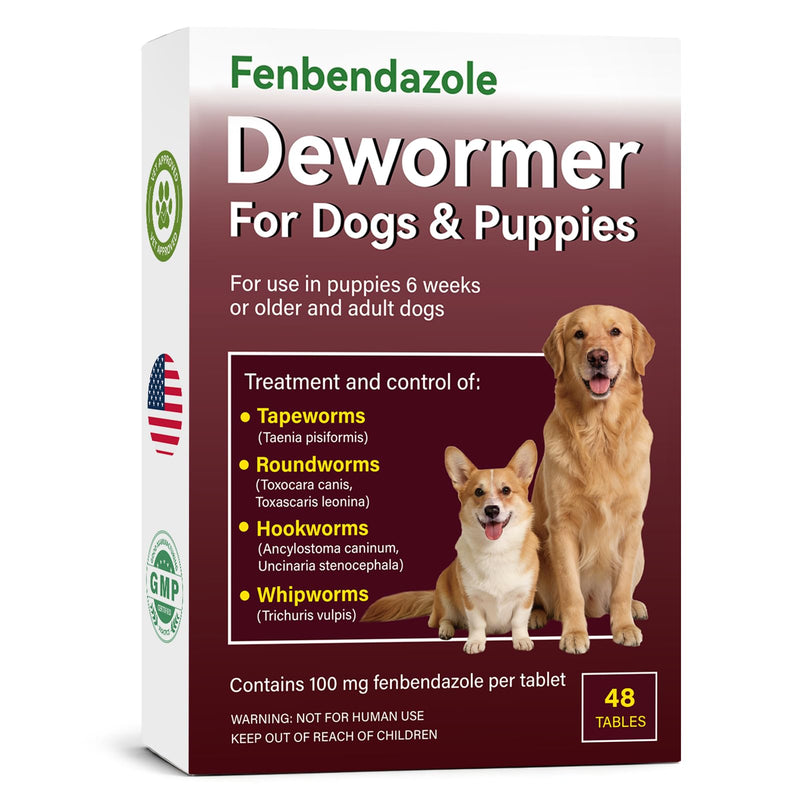 Dog Dewormer for Dogs & Puppies, Fenbendazole All Wormers Tablets for Tapeworms, Roundworms, Hookworms & Whipworms, 48 Count