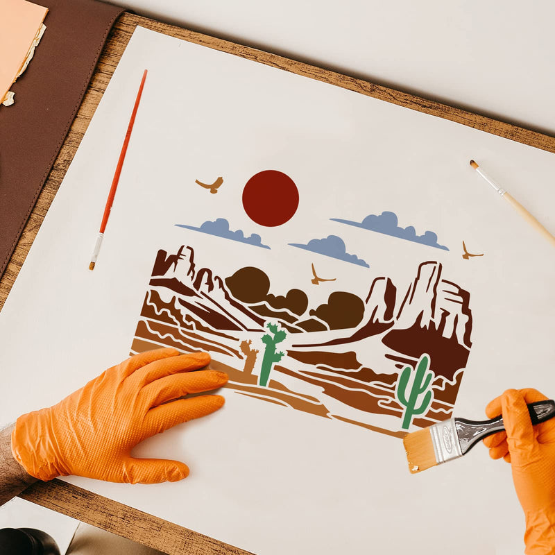 FINGERINSPIRE Desert View Stencils 11.7x8.3 inch Plastic Gobi Desert Drawing Painting Stencils Cactus Sun Birds Pattern Wall Stencils Reusable Stencils for Painting on Wood, Floor, Wall and Tile