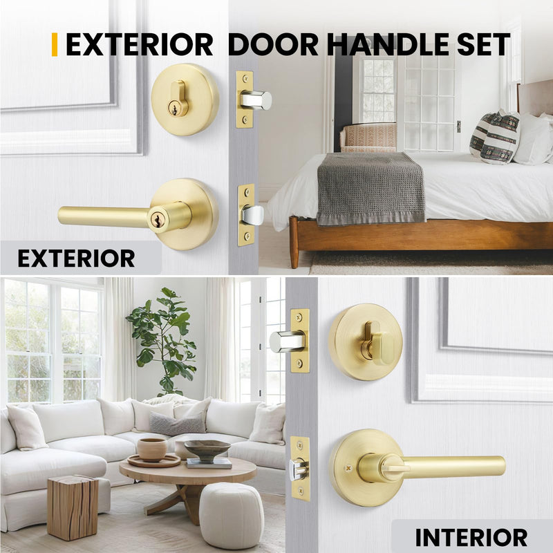 goldenwarm Exterior Deadbolt and Keyed Entry Door Handle Set, Heavy Duty Zinc Alloy Gold Door Lever, Key Entry Front Brushed Gold Door Handle with Lock and Key(1 Pack) 1 Pack Handleset