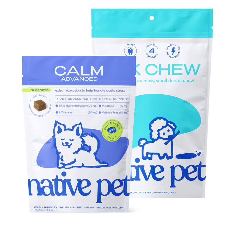 Native Pet Advanced Calming Chews for Dogs 60 Ct & 5 Small Yak Cheese Himalayan Dog Chews - Long Lasting Dental Sticks for Small Breeds Supports Mental Enrichment & Helps with Anxiety Related Behavior