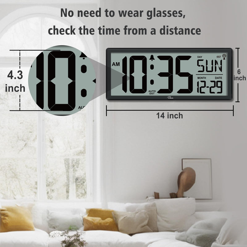 WallarGe 14.5'' Atomic Clock with Backlight, Large Digital Wall Clock Battery Operated, Large Display with Temperature and Date, Easy to Read and Set Digital Wall Clock, Auto DST