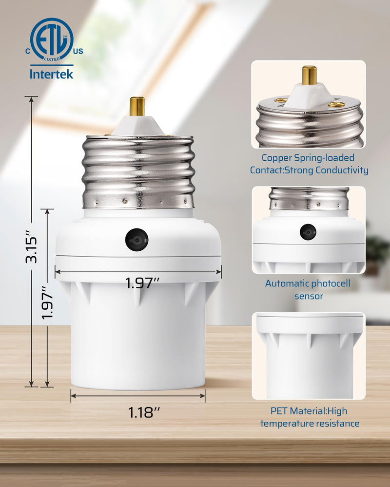 DEWENWILS Light Sensor Socket, Dusk to Dawn Light Socket Adapter, 360° Sensor Rotation, E26/E27 Light Bulb Sockets for Porch Light, Wall Light, Compatible with LED/INC/CFL/Halogen Bulbs, 2 Pack White