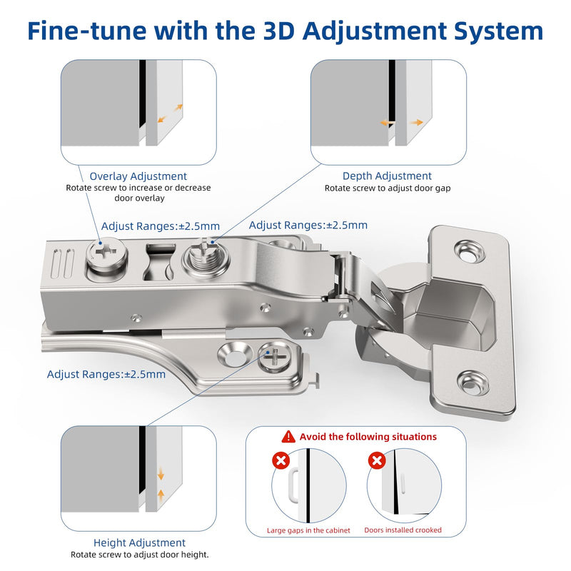 Chibery 20 Pack 3/4" Full Overlay Soft Close Concealed Hinge for Face Frame ＆ Frameless Door, 3D Adjustment, Clip-on Plate, Slow Self Closing Hidden Satin Nickel, 105° Stainless Steel Hinges, 5/8"