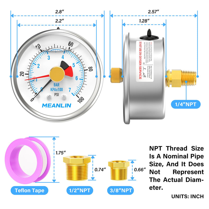 MEANLIN MEASURE 0~100Psi Stainless Steel 1/4" NPT 2.5" FACE DIAL with Reset Pointer Liquid Filled Pressure Gauge WOG Water Oil Air, Lower Mount, with 1/8" x 1/4" NPT and 1/8" x 3/8" NPT Hex Bushing 0-100Psi