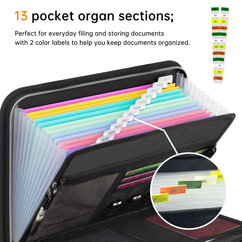 Tamfile Fireproof Accordion File Organizer with Handle, 13 Pocket Transparent Expanding File Folder with Zipper & Labels, File Folder with Multi-Pockets Paper Organizer Folder for Letter A4 Files Black With Handle Transparent, Pockets