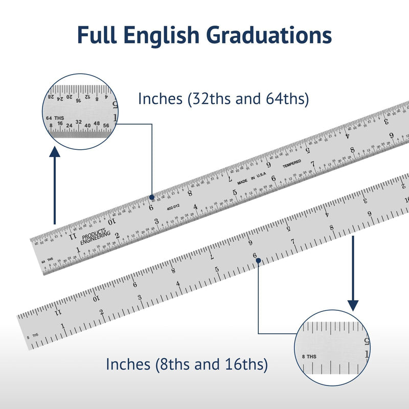 PEC Tools High Precision Metal Ruler, 12 Inch Rigid Machinist Rule, 4R Graduation (1/8", 1/16", 1/32", 1/64"), Carbon Steel with Satin Chrome Finish, Trusted by Professionals, Made in USA