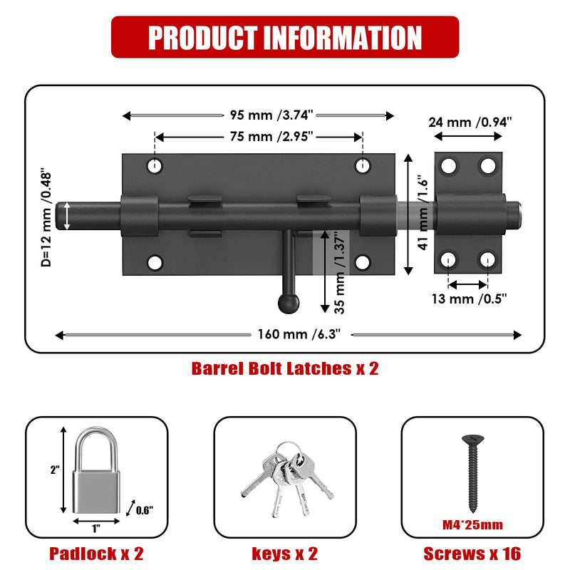 6.3 Inch Barrel Bolt Latch with Padlock, 2 Pack | Heavy Duty Slide Bolt Latch Shed Door Lock Solid Stainless Bolt Lock for Bedroom, Fence, Shed, Barn Door
