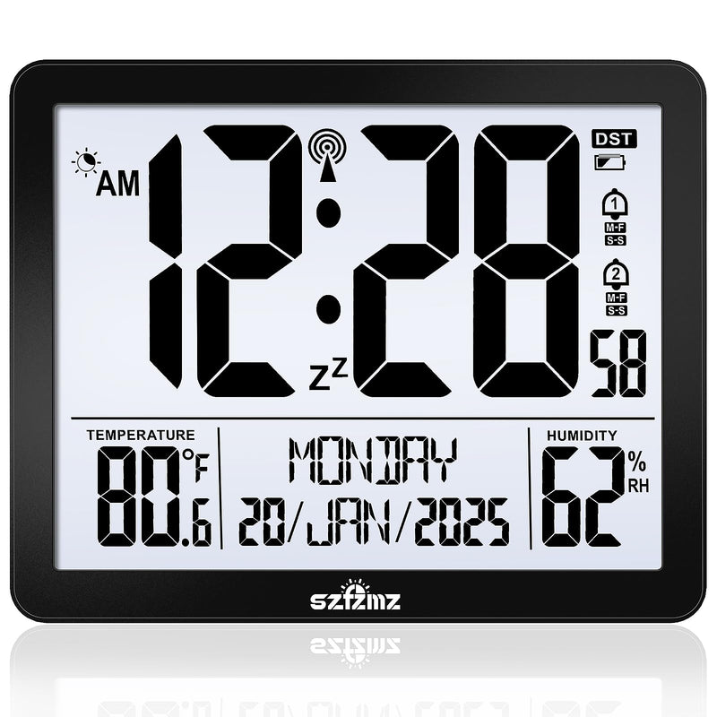Atomic Digital Wall Clock Battery Operated with Backlight, Desk Clocks with Indoor Temperature & Humidity, 8.5" Small Alarm Clock with Date and Day of Week for Bedrooms, Living Room, Auto DST, Black