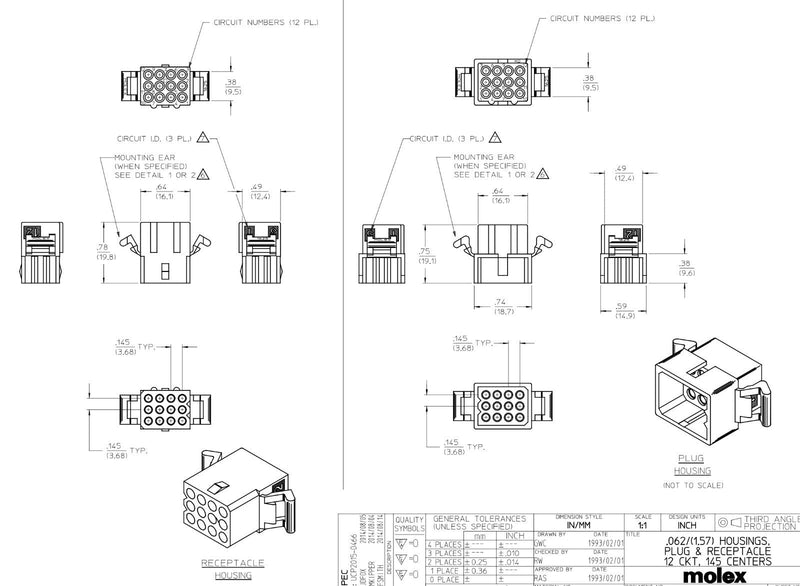 Molex (9-Circuits) Male & Female Receptacle Plug, w/Terminal sockets w/18-24 AWG Standard .062" Pins, Pitch 3.68mm