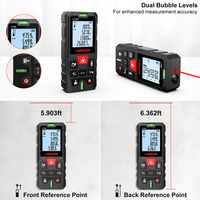 LT100 Laser Distance Meter – 100m (328t) Range, High Accuracy, Multiple Measurement Modes, Built-in Level Bubble, Handle Laser Distance Measurement Tool，Mute Function (328ft) 328ft