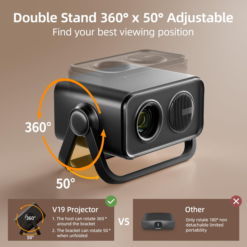 BKZ 2025 upgraded 360°Adjustable Dual Stand AI Auto Keystone Electric Focus Mini Portable Projector with Bluetooth 5.4, 1080P support Outdoor movie Projector compatible with HDMI/USB/Phone (Black) Black
