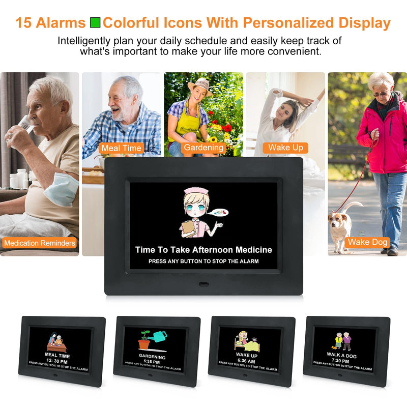 Digital Calendar Dementia Alarm Clock with Day and Date for Elderly - 15 Alarms 5 Colors Display Large Display Alzheimers Clock Large Digital Clock for Seniors (7in Black) 7''black