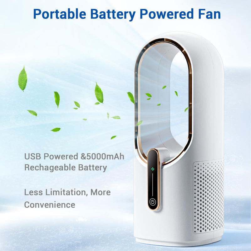 Bladeless Desk Fan, 11.8 Inch Small Rechargeable Fan, 30dB Quiet, 3 Speeds White/Gold, With Battery