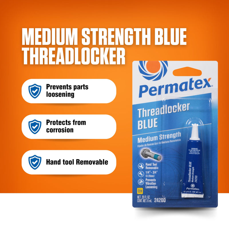 Permatex 24200 Threadlocker Blue Medium Strength,Thread Lock & Screw Glue for Bolts Nuts & Fasteners to Prevent Loosening & Corrosion, Removable with Hand Tools 6 ml
