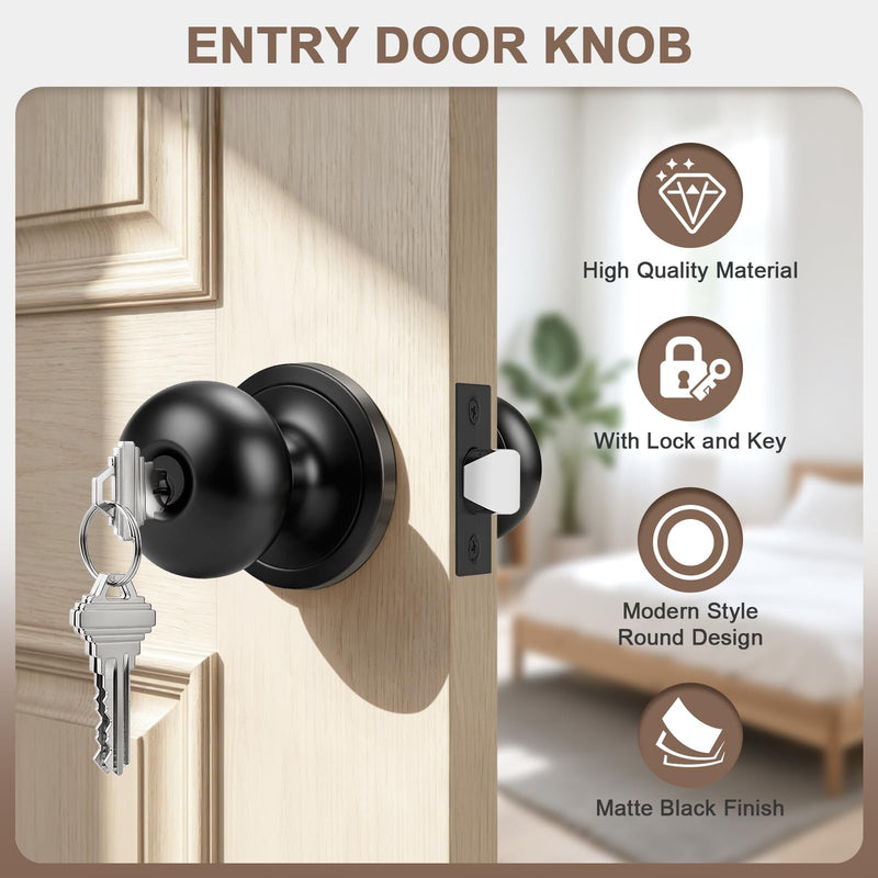 1 Pack Keyed Entry Door Knob with Lock and Key, Matte Black Front Door Lock for Exterior or Interior Doors, Standard Round Door Knobs Classic Design 1 Pack
