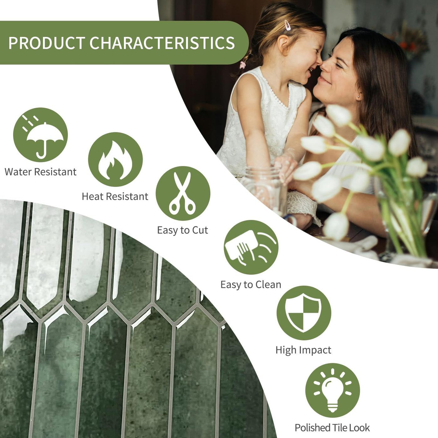 10 Sheets Long Hexagon Tile Peel and Stick Backsplash Green