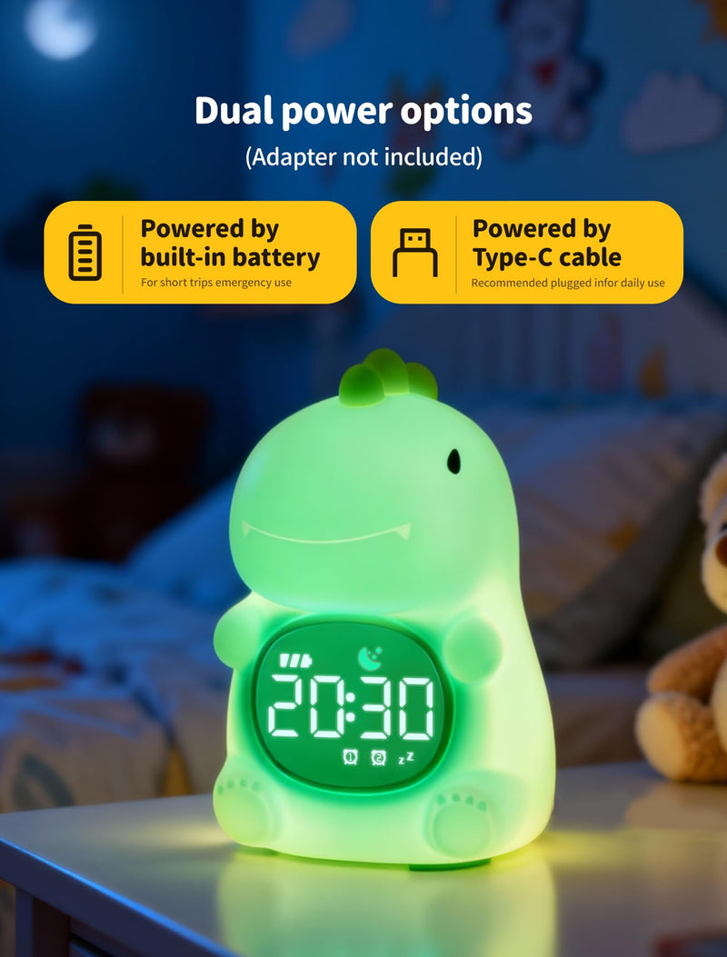 MASHI Dinosaur Alarm Clock with Night Light, Toddler Sleep Training Clock with Sun & Moon, Sleep Sound Machine, ok to Wake Clock for Kids, Digital Alarm Clocks for Bedrooms,Gift Ideas for Kids Child Dinosaurs