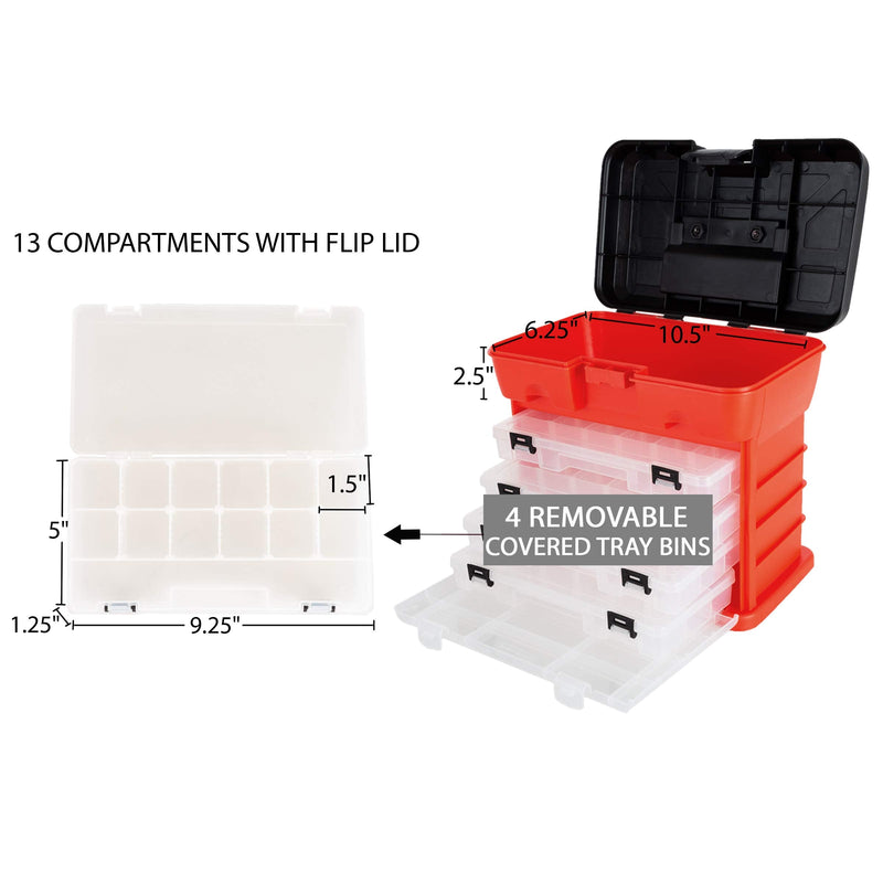 Storage Tool Box - Portable Multipurpose Organizer With Main Top Compartment and 4 Removable Multi-Compartment Trays by Stalwart,Red,11 in x 7 in x 10 in Red