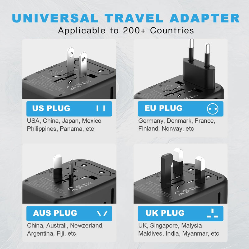 Universal Travel Adapter, PD20W International Power Adapter, 2 USB-C & 2 USB-A Fast Charging Travel Charger, All in One Worldwide Travel Plug Adapter, Outlet Adapter for Europe EU UK USA AU 2 USB A+2 USB C(PD20W) Black