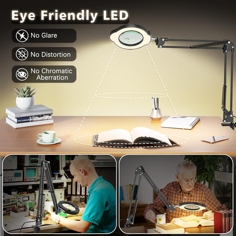 Magnifying Glass with Light and Clamp, 15X 10X Desk Magnifying Lamp, 84 LED Real Glass Lens Magnifier, 5 Color Modes Stepless Dimmable, Adjustable Hands Free Table Lamp for Repair Crafts Hobby Sewing - NewNest Australia