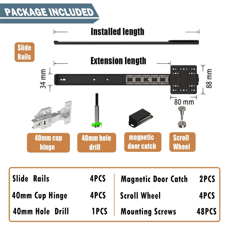 Cabinet Pocket Door Slides, Hidden Sliding Hardware for Inset Doors 16"/400mm 2.0