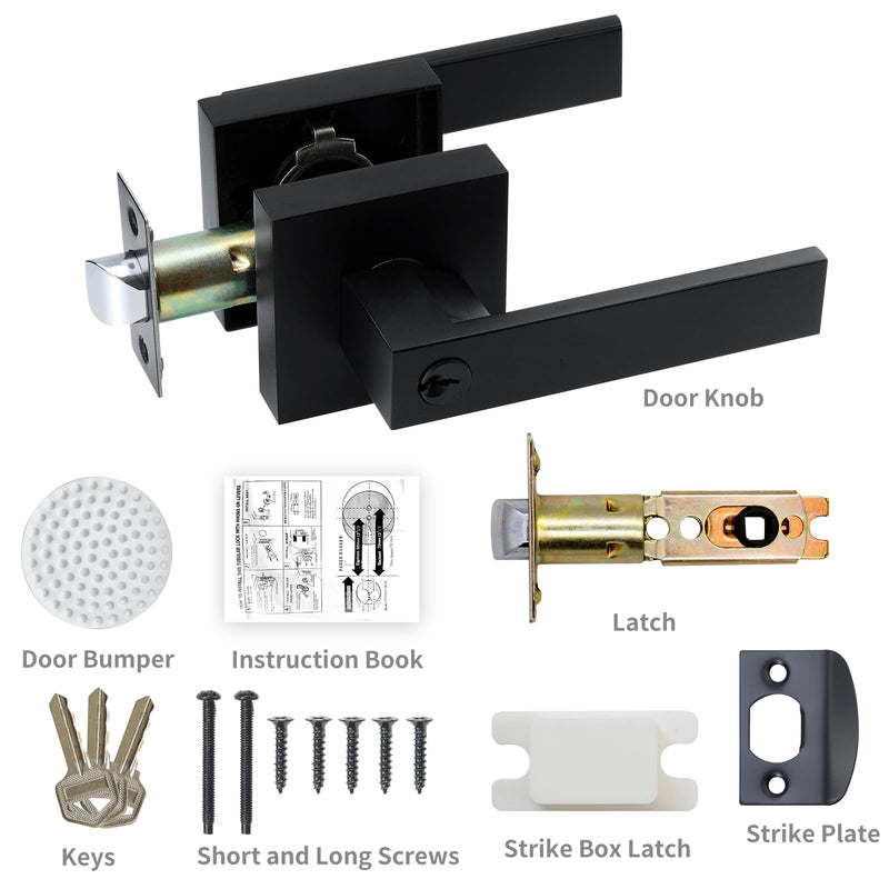 JO.KO Entry Door Lock Set, Square Door Lever for Bedroom, Passage Door Privacy Locking Interior/Exterior Entry Door Knob/Heavy Duty 2 Pack Matte Black
