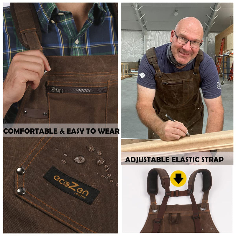 16oz Waxed Canvas Work Apron with Tape Holder - Fully Adjustable, Tough Protection for Men Brown