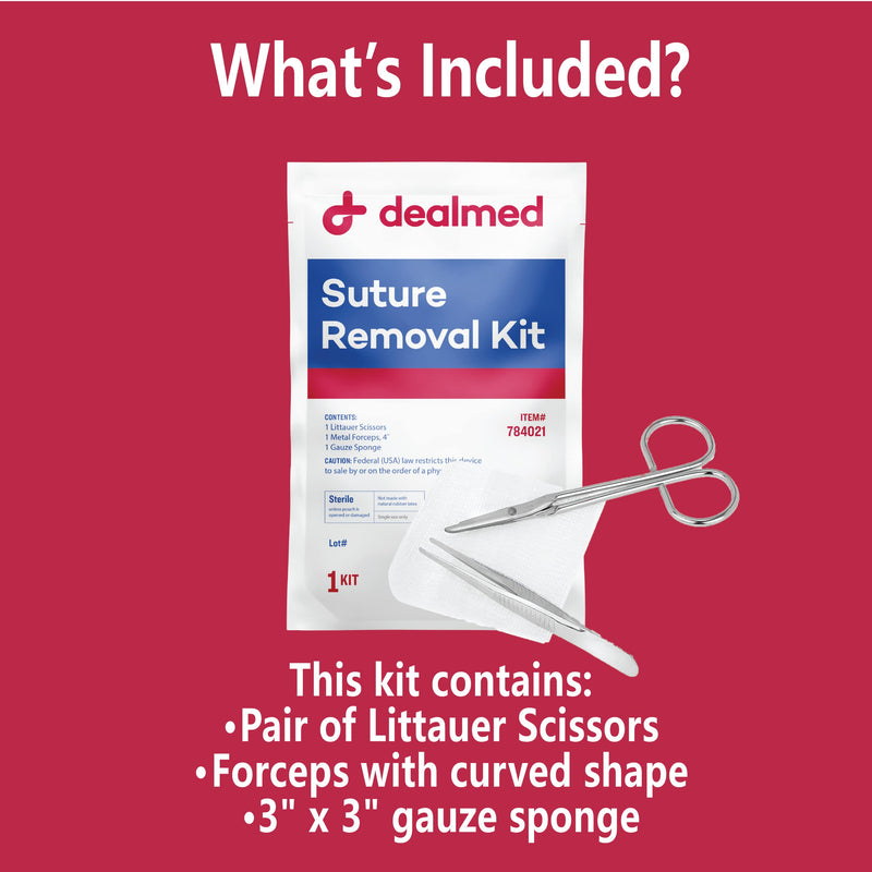 Dealmed Sterile Suture Removal Kit, Includes Suture Removal Scissors, Forceps, and Gauze Sponge, Suture Removal Tool Single-Use Kit, Ideal for Hospitals and Clinics 1