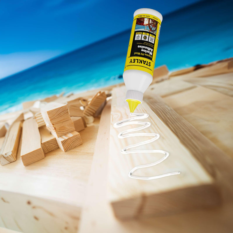 Stanley Marine-Grade Polyurethane Wood Glue -1X6.8 Fl. Oz. - Superior Water-Resistant & High Strength Adhesive for Boaters - 1 Pack White/Yellow