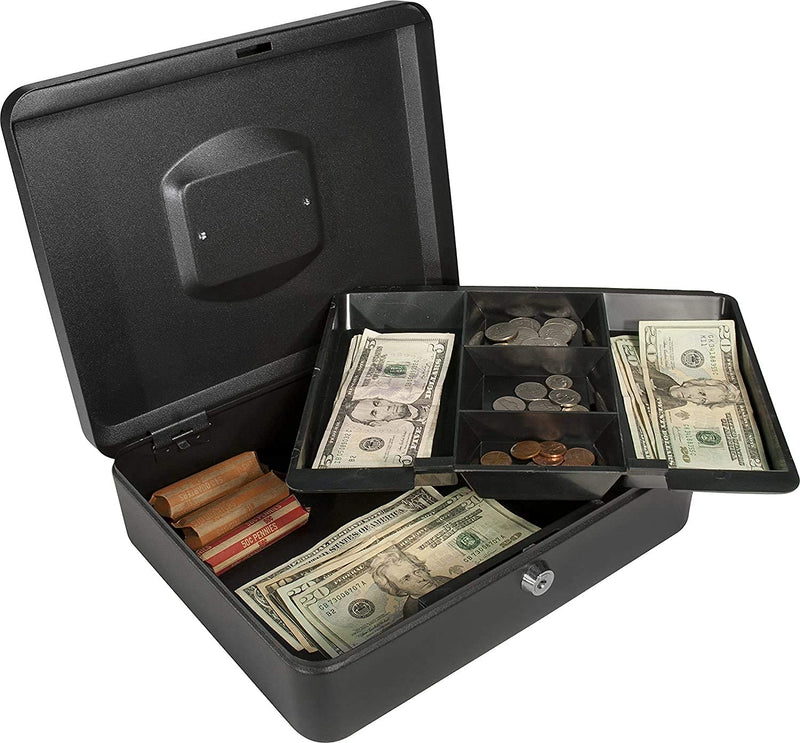 SentrySafe Black Money Saving Box with Cash Tray and Key Lock, Portable Safe Box with Carrying Handle, 0.21 Cubic Feet, 3.75 x 12 x 9.3 Inches, CB-12 Cash Box Pack of 1