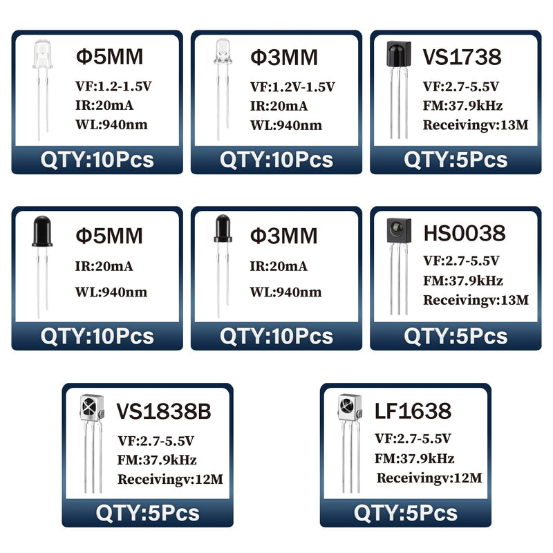 3mm 5mm 940nm LEDs Infrared Emitter and IR Receiver Diode 1738 1838 0038 1638 Receivers Tube Kit (Pack of 60pcs)