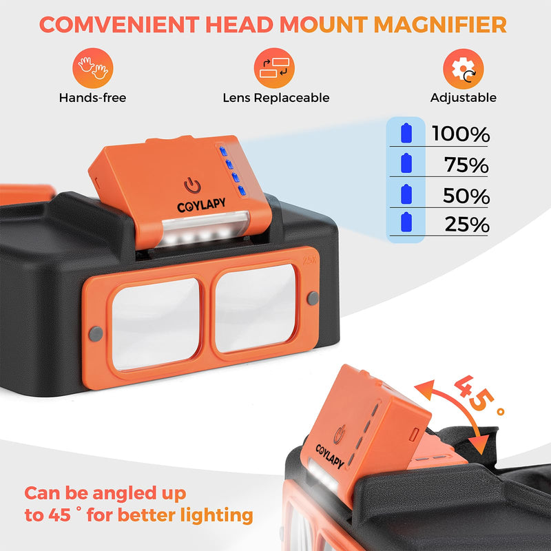 Headband Magnifier with Light, Rechargeable Magnifying Glasses for Close Work, 1.5X - 3.5X Magnify Headset with 4 Lenses, Jewelers Magnifying Glass Loupe Visor for Repair,Crafts, Hobby Orange