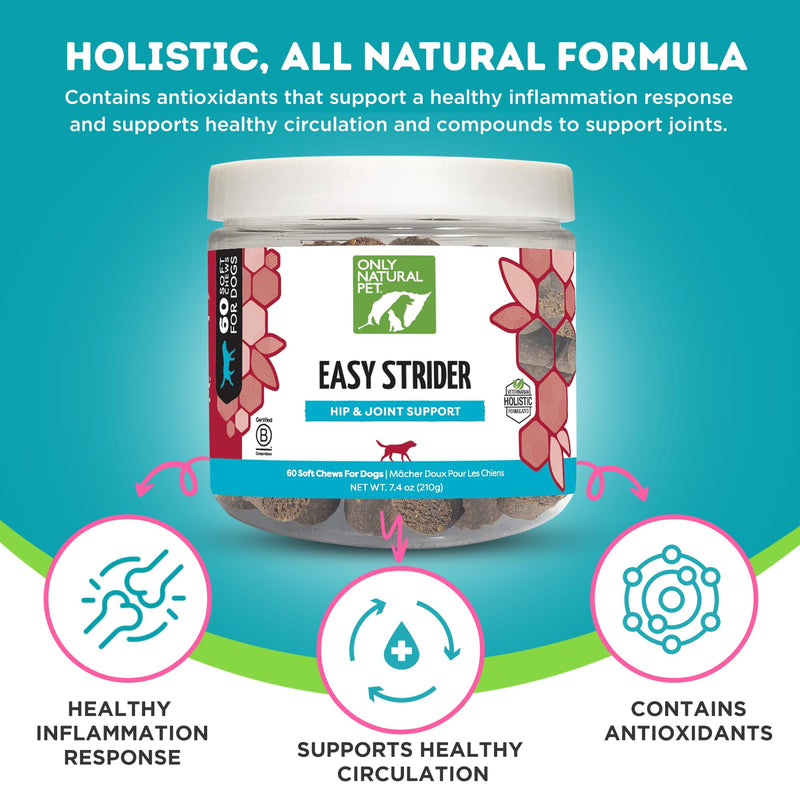 Only Natural Pet Easy Strider Hip and Joint Supplement, All Natural Holistic Glucosamine & Turmeric Formula for Dogs - Made in USA, 60 Soft Chews