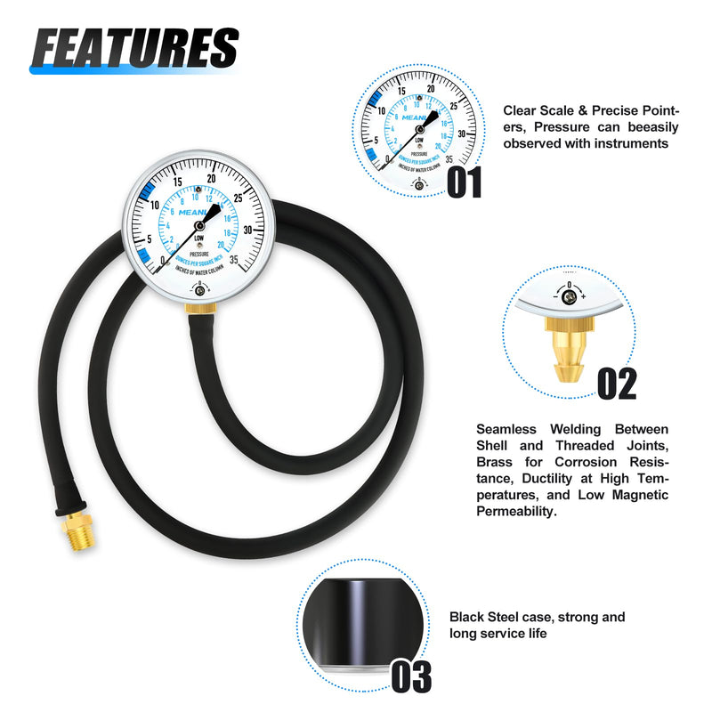 MEANLIN MEASURE 0-35” WC Manifold Gas Pressure Test Kit, Pressure Gauge Kit for Natural Gas or LP Gas with 40" Feet Hose, 1/8” NPT Fitting with Barbed Connection and Hex Bushing - NewNest Australia
