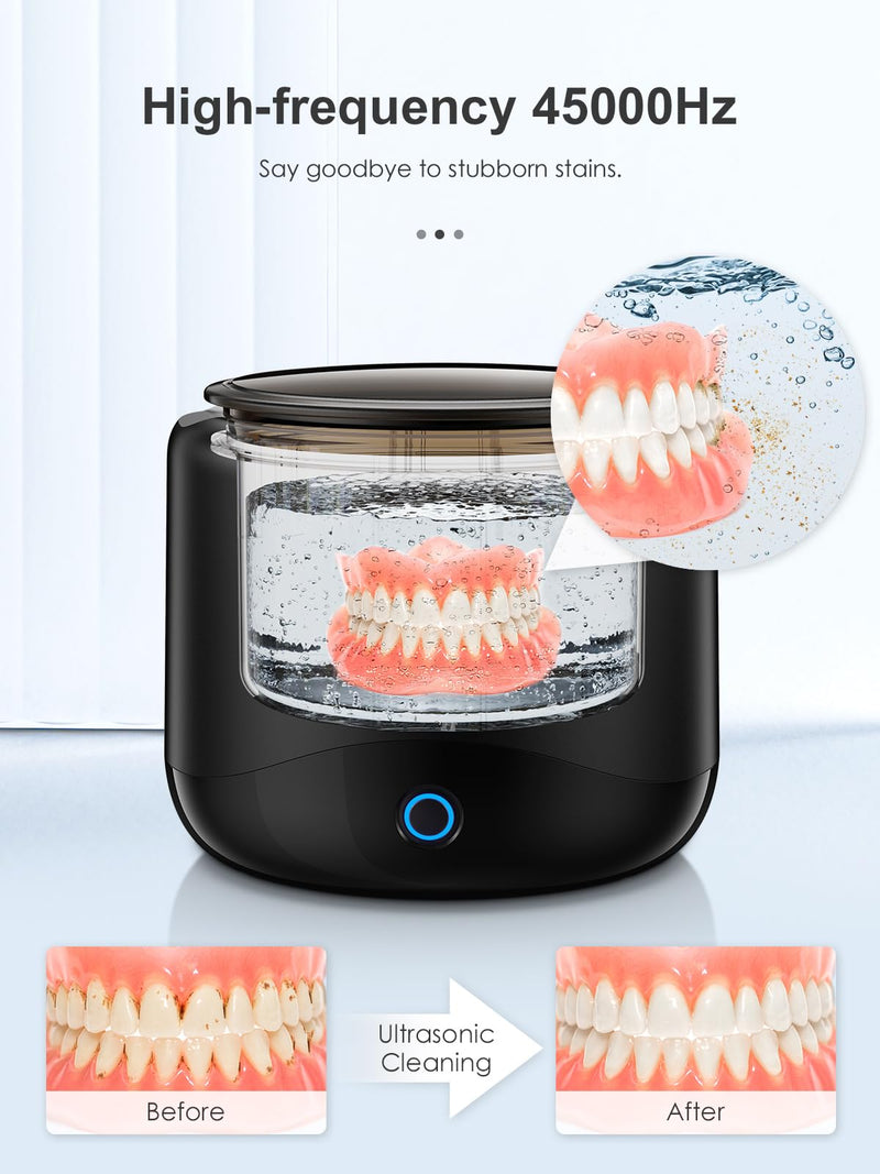 Jewelry Cleaner Machine,Retainer Cleaning Machine with 45 KHz Portable Professional Denture Cleaner for Retainer, Dental, Mouth Guard, Ring, Silver, Jewelry for Home or Travel Black-1