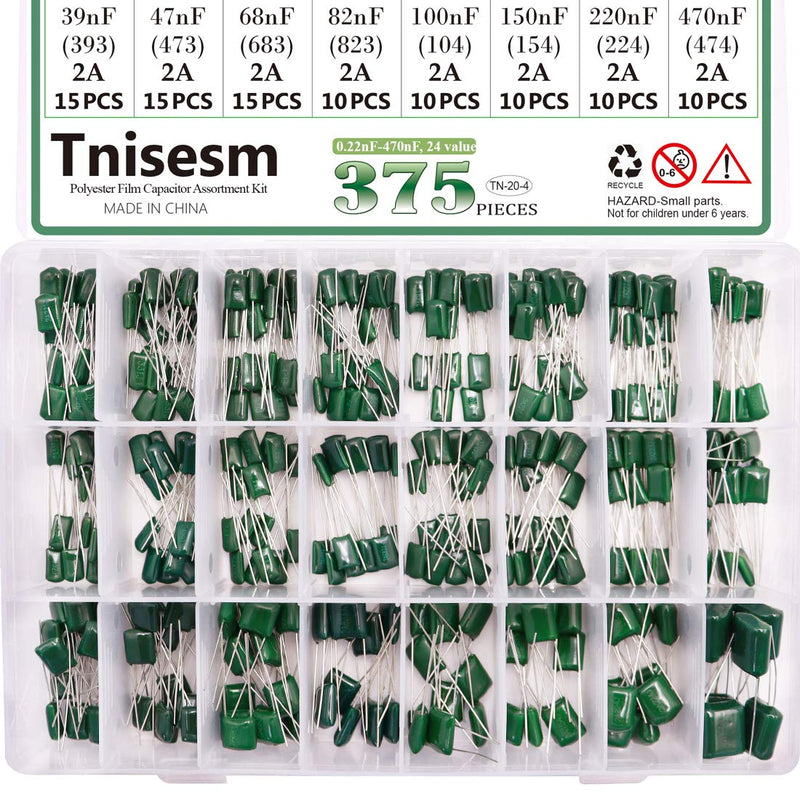 Tnisesm 375 Pcs 24 Value Metalized Mylar Polyester Film Capacitors Assortment Kit 0.22nF - 470nF 100V in a Box Tn-20-4