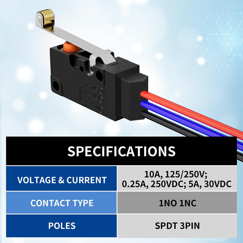 Joinfworld Waterproof Micro Limit Switch with Long Straight Hinge Lever SPDT 3 PIN Pre-Wired 10A 125 250V Micorswitch for Arduino, Appliance and Electronic - 2Sets WS2-Roller Lever
