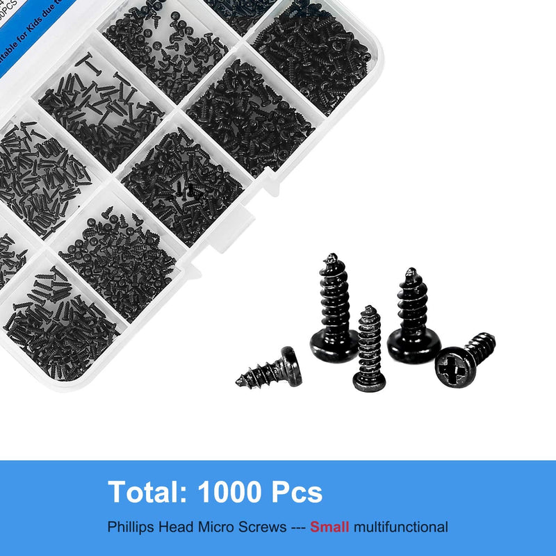 10 Kinds Small Multi-Purpose M1 M1.2 M1.4 M1.7 Phillips Head Micro Screws Self-Tapping Electronic Screws Assortment Kit Pack of 1000 Black
