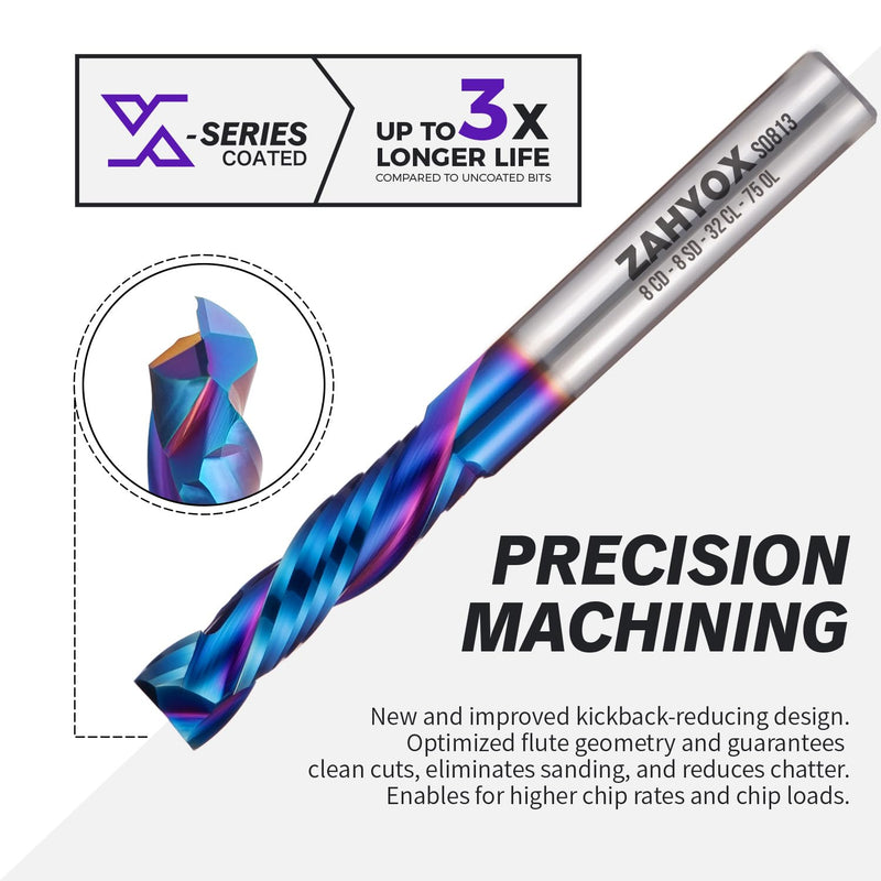 8mm Shank Compression Spiral CNC Router Bit, 8mm Cutting Diameter, 8mm Shank Diameter - 32mm Cutting Diameter - 75mm Overall Length, 2 Flute Nano Coated CNC End Mill