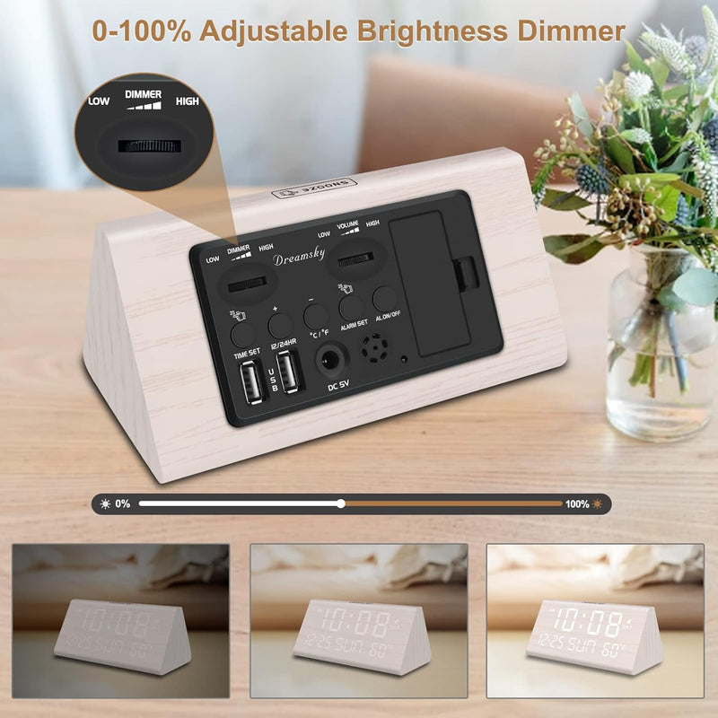 JALL Digital Alarm Clock, with Wooden Electronic LED Time Display, 3 Alarm Settings, Weekday/Weekend Mode, Temperature Detect, Wood Made Electric Clocks for Office, Bedroom, Bedside White-date