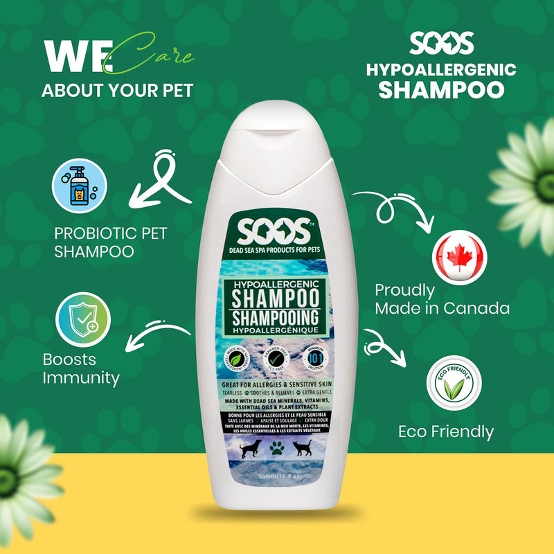 Soos Pet Dog Shampoo for Cats and Pets Hypoaller-genic Natural Dead Sea Minerals Fast Absorbing with Vitamins Essential Oils Natural Elements Antiba-cterial - 1x Pet Shampoo (500ml) - PawsPlanet Australia