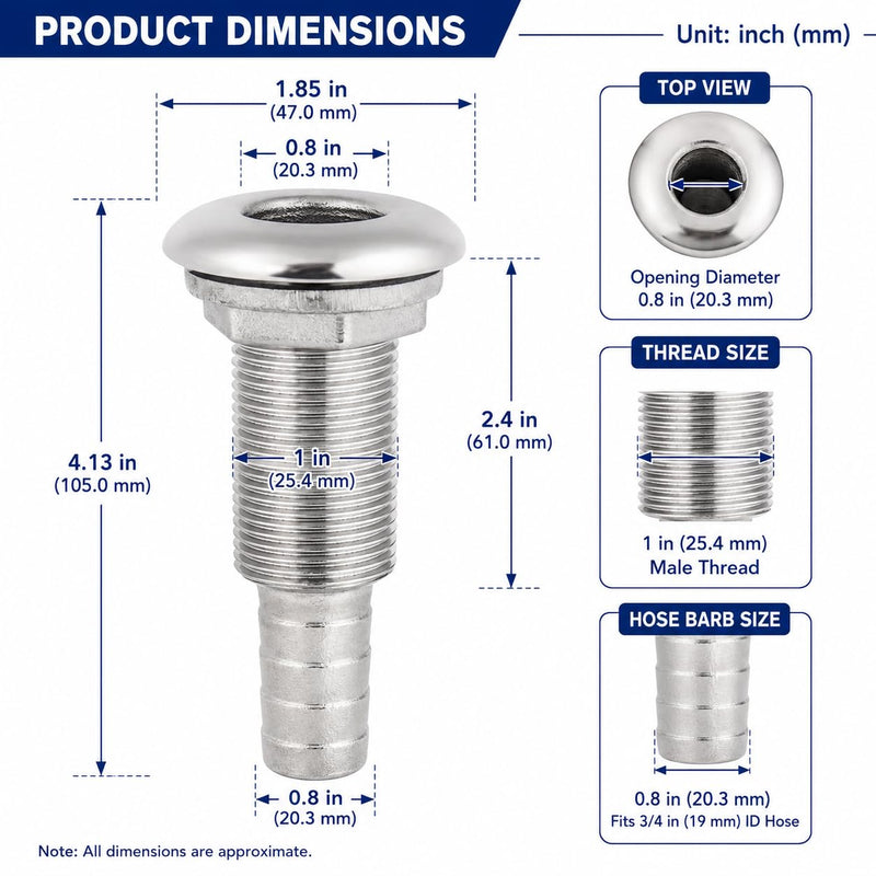 316 Stainless Steel Boat Thru-Hull Fitting for 3/4" ID Hose Marine Drain Outlet Extension Hose Barb Connector for Bilge Sink Scupper