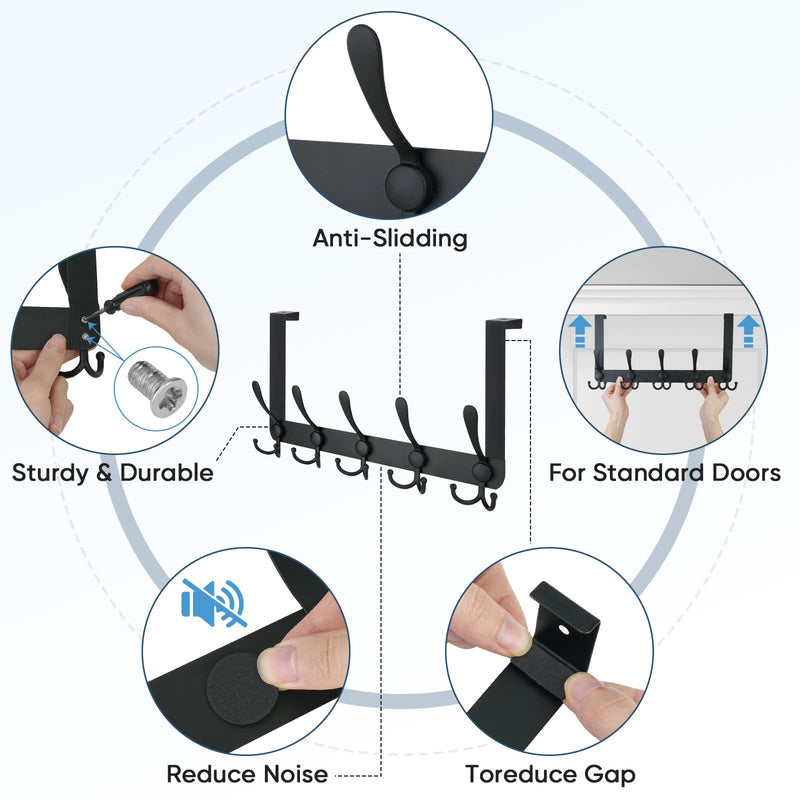TICONN Over The Door Hooks, 5 Heavy Duty Tri Coat Rack All Metal Coat Hanger for Jacket Hat Towel Bags in Bathroom Bedroom Dorm (Matte Black, 1PK) 1 Matte Black