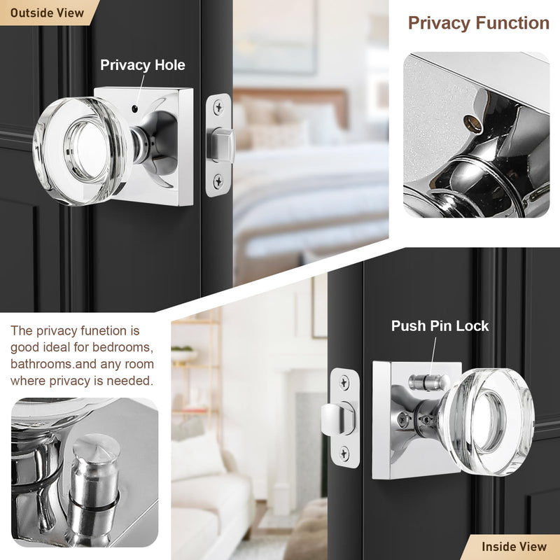 Polished Chrome Door Knobs Interior, Privacy Crystal Glass Door Knobs with Lock for Bathroom Bedroom Privacy-Crystal Polished Chrome