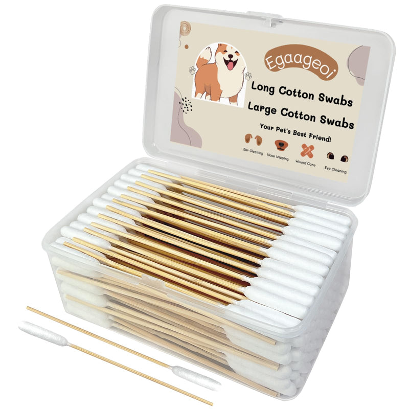 Egaageoi 200 Count Large Cotton Swabs for Dogs & Cats (6 Inch) | Biodegradable Bamboo Handle Tips for Pet Ear Cleaning | Soft Fragrance-Free Applicators for Ointments & Medication