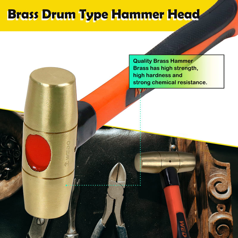 WEDO 16oz Brass Hammer,Solid Brass Mallet Hammer with Fiberglass Handle,Double Faced Head,Length 12"(310mm), Die-Forged, Corrosion Resistant, DIN Standard 1lb