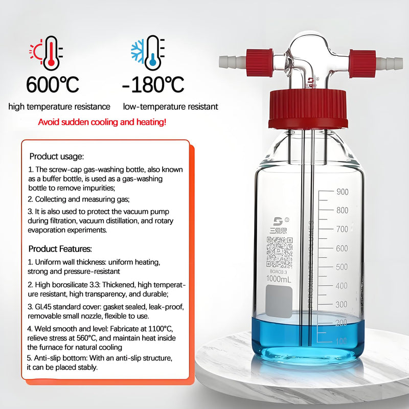 TISMART Gas Washing Bottle Glass Bubbler BORO3.3 GL45 500mL 1set | GL45 Head with 2 Threads GL14 PBT Red Screw Cap Gas Purification 500.0 milliliters 1 Gas Washing Bottle 500ML 1 Set
