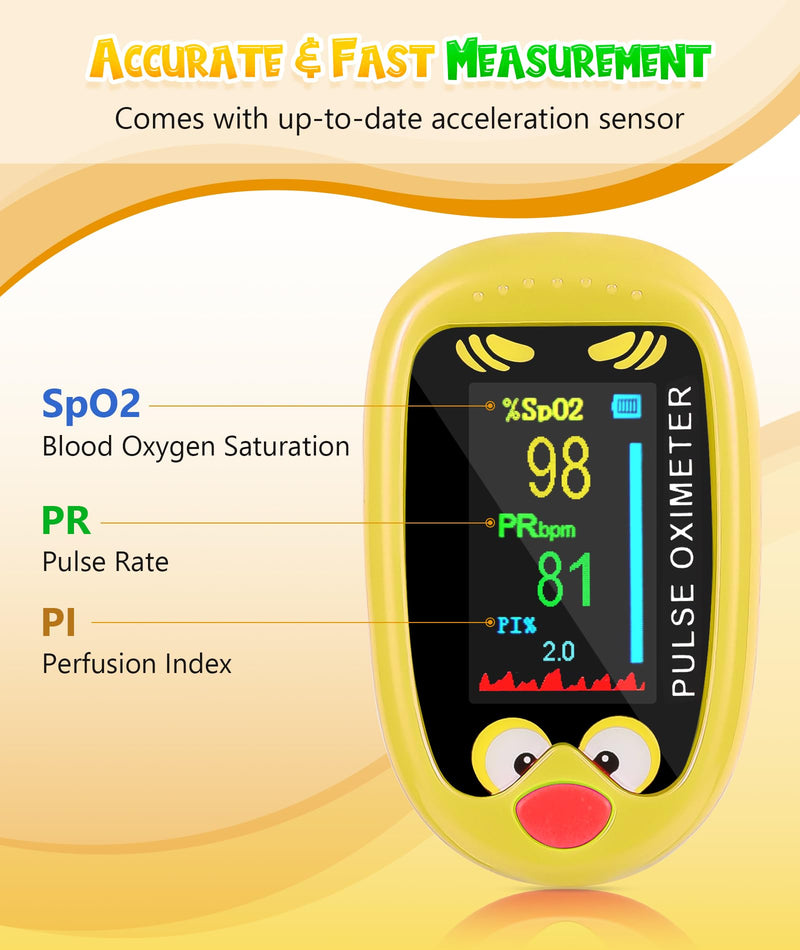 Pediatric Pulse Oximeter, Rechargeable Oximeter for Kids, Baby Oxygen Monitor, Blood Oxygen Saturation, Pulse Rate Monitor, Cute Cartoon Design, USB-C Charging (Yellow)