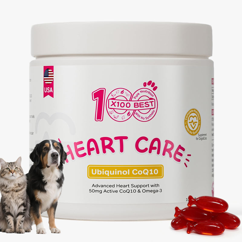 Dogs & Cats Heart Supplement with Taurine & Ubiquinol CoQ10 (Reduced Form) – Cardiac Support, Omega-3 Fish Oil, Antioxidants, Senior Myocardial Energy & Circulation Support – 100 Softgels